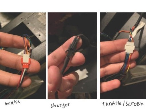 Labeled battery, ESC, brake, charger, and throttle/screen wires.